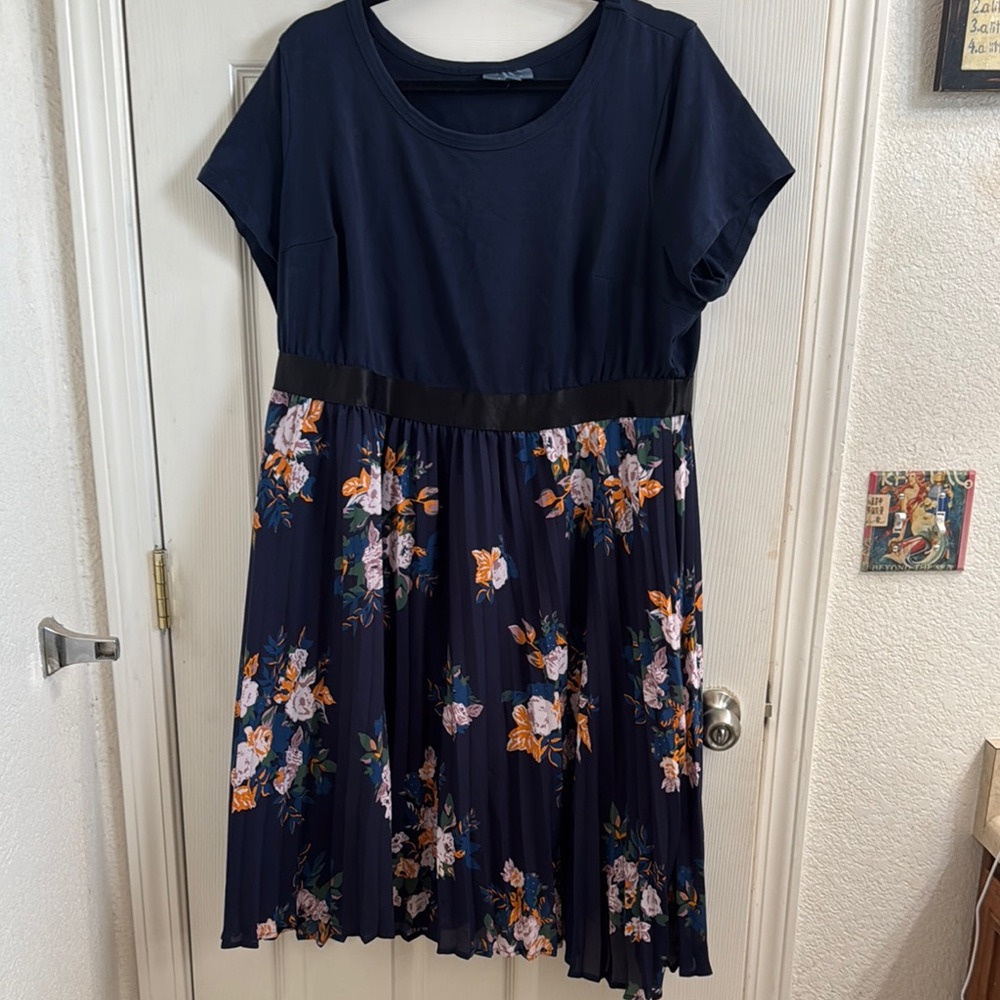 Navy Floral Dress with Pleated Skirt